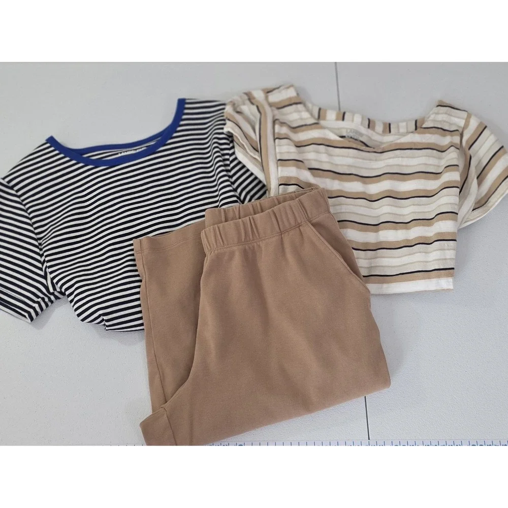 Lands End Casual Tees +‎ Short Set Women Medium Petite Blue Tan Striped Pockets